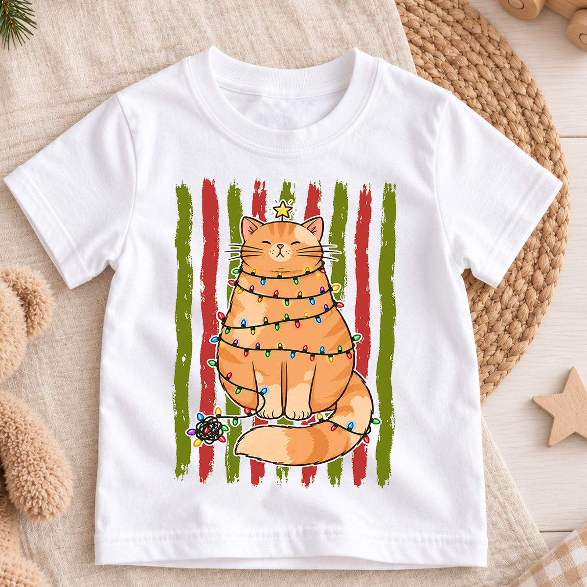Funny Christmas Cat Kids Shirt, Cat Wrapped in Lights Holiday Tee, Cute Festive Outfit, Christmas Gift for Kids Cute Christmas Gift Idea — product view 3