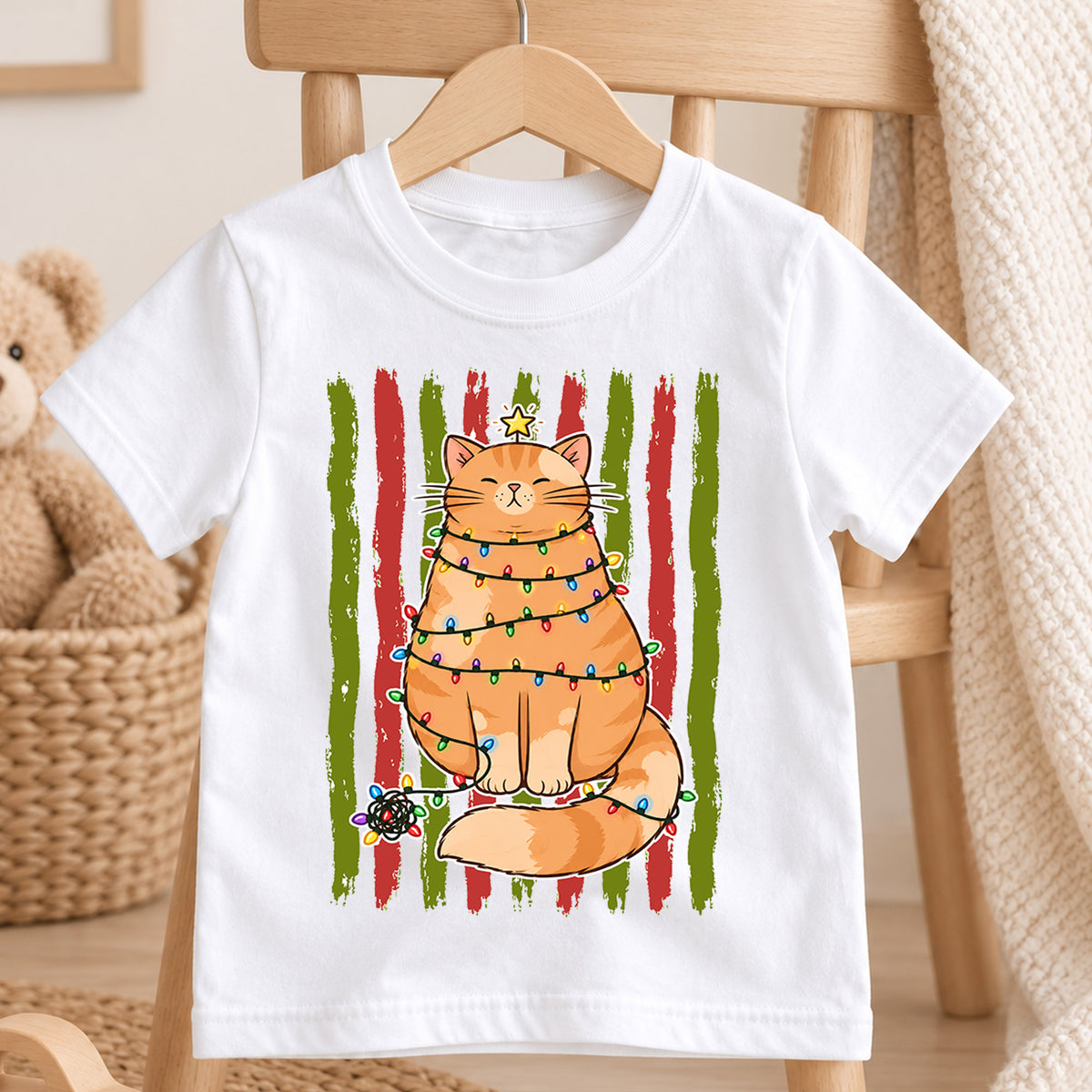 Funny Christmas Cat Kids Shirt, Cat Wrapped in Lights Holiday Tee, Cute Festive Outfit, Christmas Gift for Kids Cute Christmas Gift Idea — product view 4