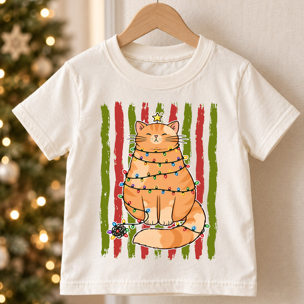 Funny Christmas Cat Kids Shirt, Cat Wrapped in Lights Holiday Tee, Cute Festive Outfit, Christmas Gift for Kids Cute Christmas Gift Idea — product view 5