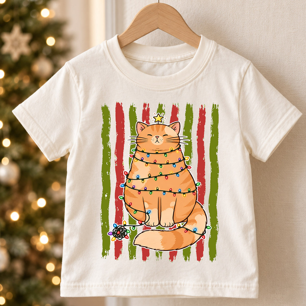Funny Christmas Cat Kids Shirt, Cat Wrapped in Lights Holiday Tee, Cute Festive Outfit, Christmas Gift for Kids Cute Christmas Gift Idea — product view 5
