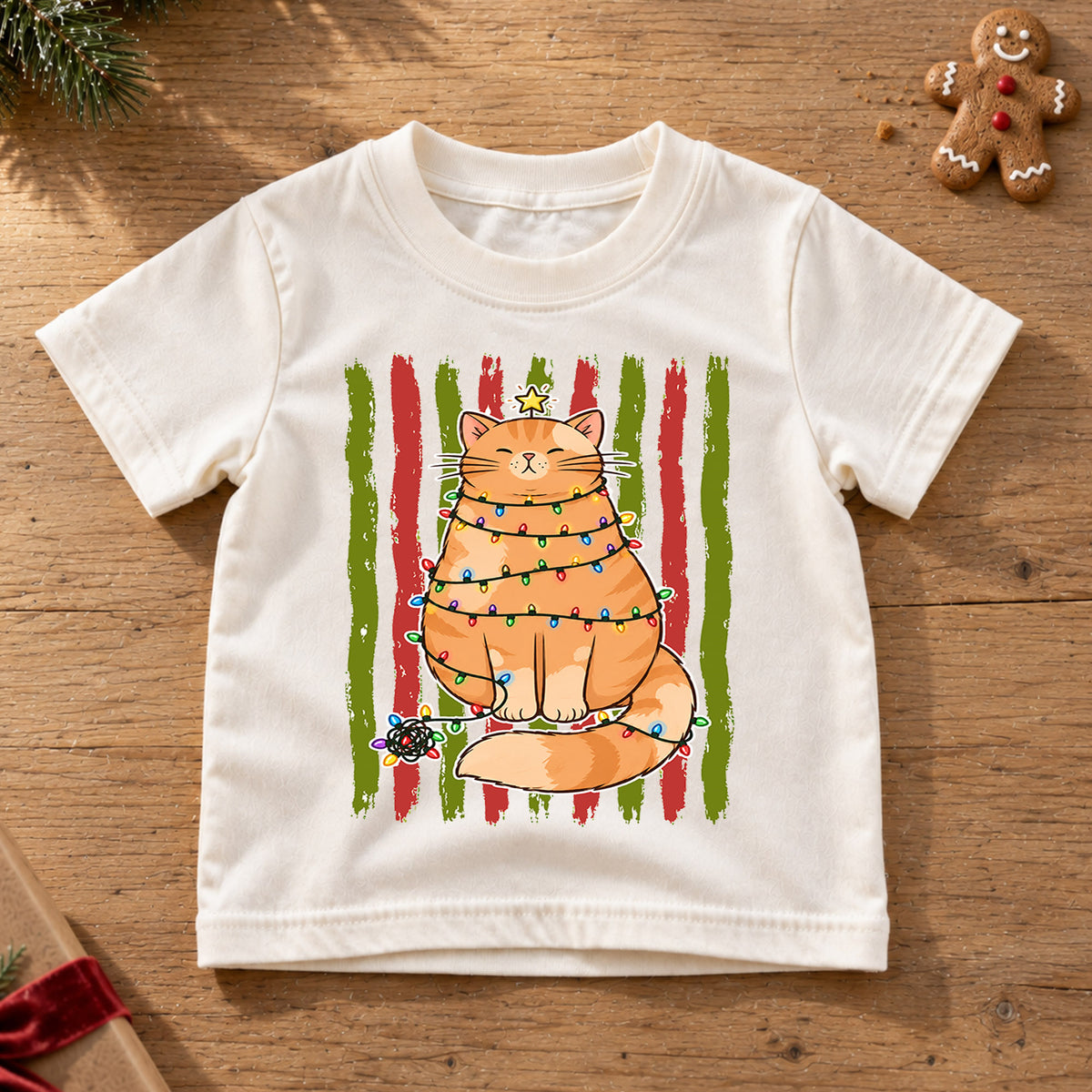 Funny Christmas Cat Kids Shirt, Cat Wrapped in Lights Holiday Tee, Cute Festive Outfit, Christmas Gift for Kids Cute Christmas Gift Idea — product view 6