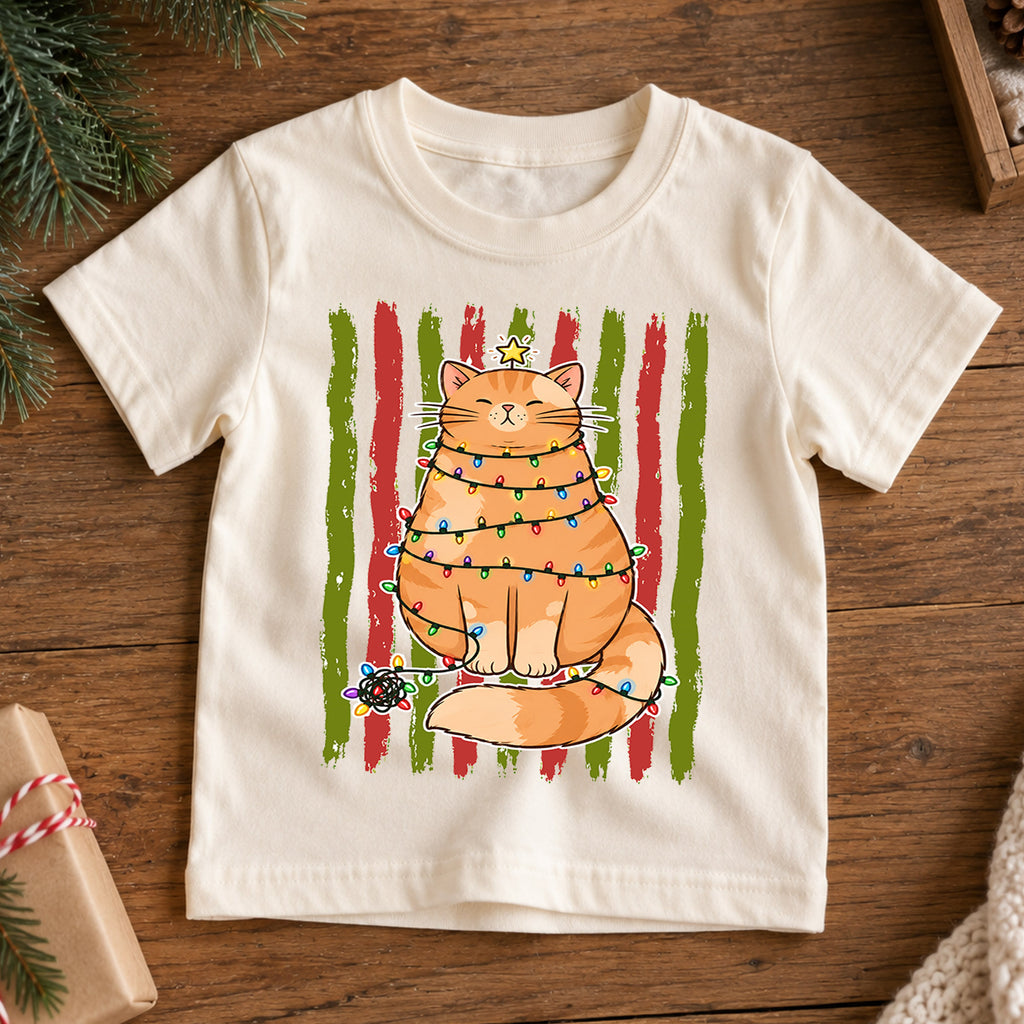 Funny Christmas Cat Kids Shirt, Cat Wrapped in Lights Holiday Tee, Cute Festive Outfit, Christmas Gift for Kids Cute Christmas Gift Idea — product view 7