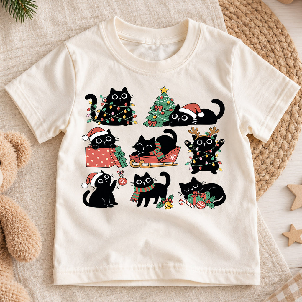Black Cat Christmas Kids Shirt, Cute Kitty Holiday Tee, Funny Festive Christmas Outfit, Holiday Gift for Cat Lovers Cute Holiday Gift Idea — product view 1