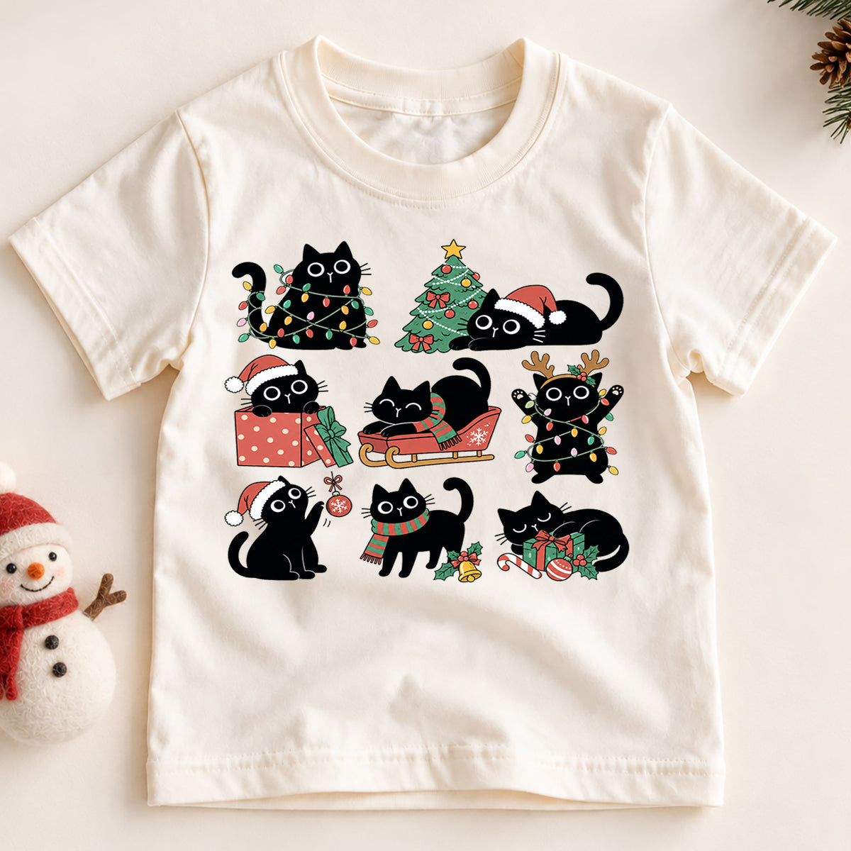 Black Cat Christmas Kids Shirt, Cute Kitty Holiday Tee, Funny Festive Christmas Outfit, Holiday Gift for Cat Lovers Cute Holiday Gift Idea — product view 2