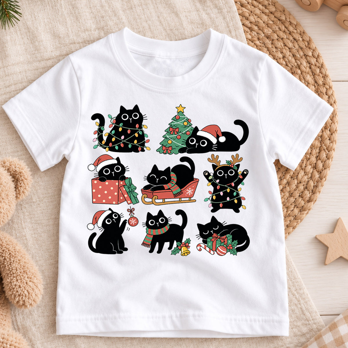 Black Cat Christmas Kids Shirt, Cute Kitty Holiday Tee, Funny Festive Christmas Outfit, Holiday Gift for Cat Lovers Cute Holiday Gift Idea — product view 3