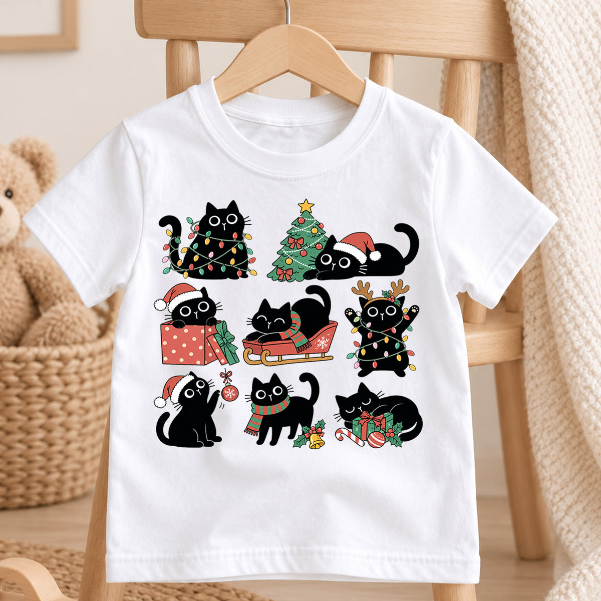 Black Cat Christmas Kids Shirt, Cute Kitty Holiday Tee, Funny Festive Christmas Outfit, Holiday Gift for Cat Lovers Cute Holiday Gift Idea — product view 4