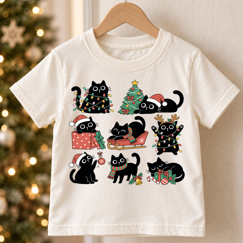 Black Cat Christmas Kids Shirt, Cute Kitty Holiday Tee, Funny Festive Christmas Outfit, Holiday Gift for Cat Lovers Cute Holiday Gift Idea — product view 5