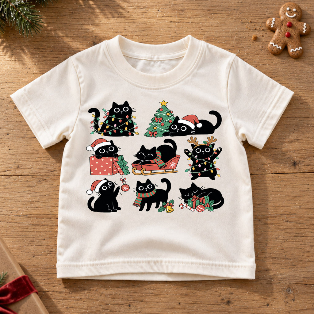 Black Cat Christmas Kids Shirt, Cute Kitty Holiday Tee, Funny Festive Christmas Outfit, Holiday Gift for Cat Lovers Cute Holiday Gift Idea — product view 6