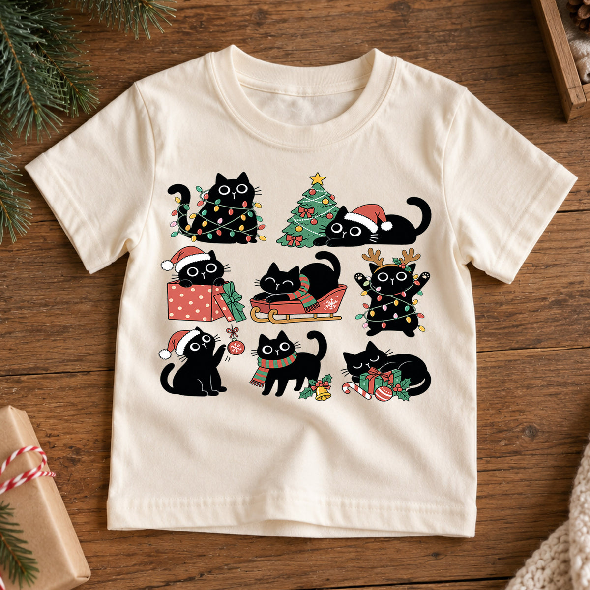 Black Cat Christmas Kids Shirt, Cute Kitty Holiday Tee, Funny Festive Christmas Outfit, Holiday Gift for Cat Lovers Cute Holiday Gift Idea — product view 7