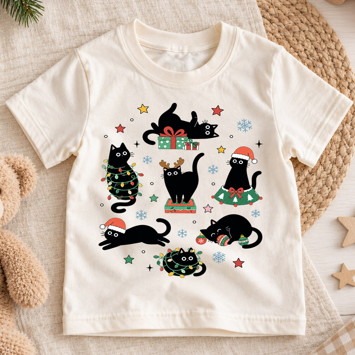 Funny Black Cat Christmas Shirt for Kids, Holiday Kitty Tee, Cute Festive Outfit, Christmas Gift for Cat Lovers Festive Holiday Gift Idea — product view 1