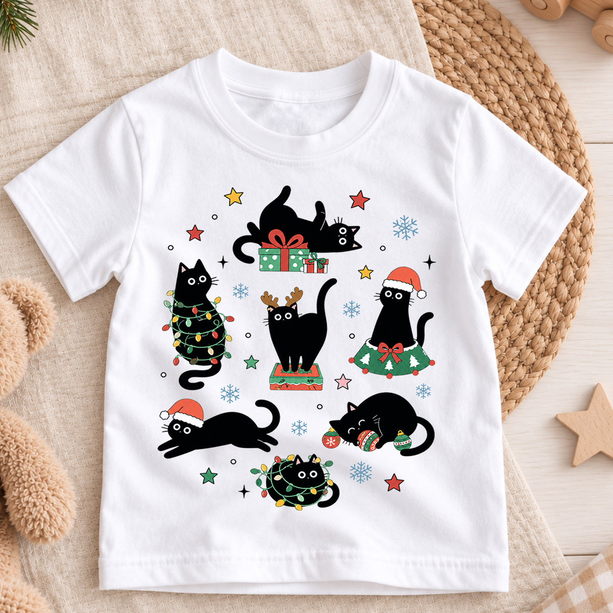 Funny Black Cat Christmas Shirt for Kids, Holiday Kitty Tee, Cute Festive Outfit, Christmas Gift for Cat Lovers Festive Holiday Gift Idea — product view 3