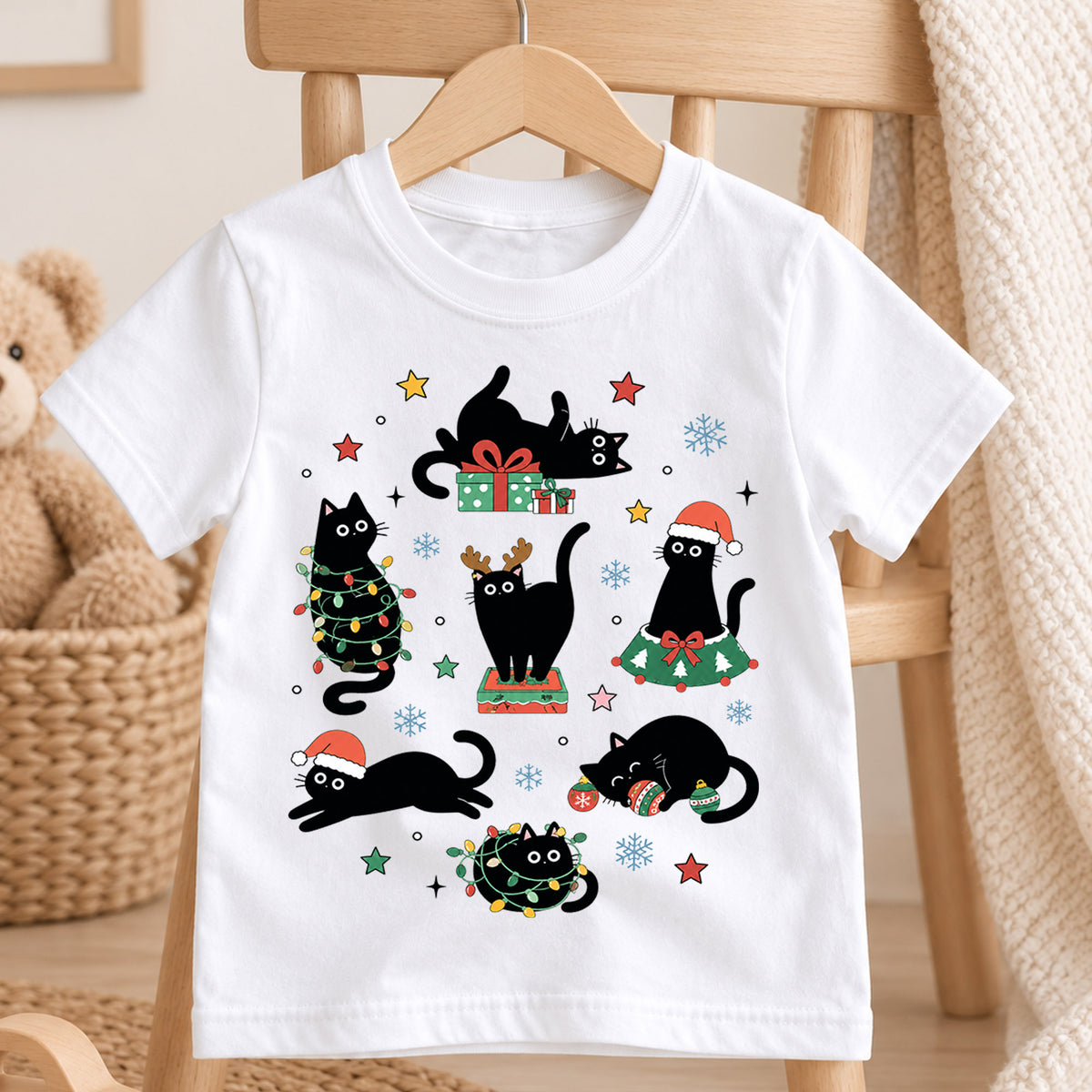 Funny Black Cat Christmas Shirt for Kids, Holiday Kitty Tee, Cute Festive Outfit, Christmas Gift for Cat Lovers Festive Holiday Gift Idea — product view 4