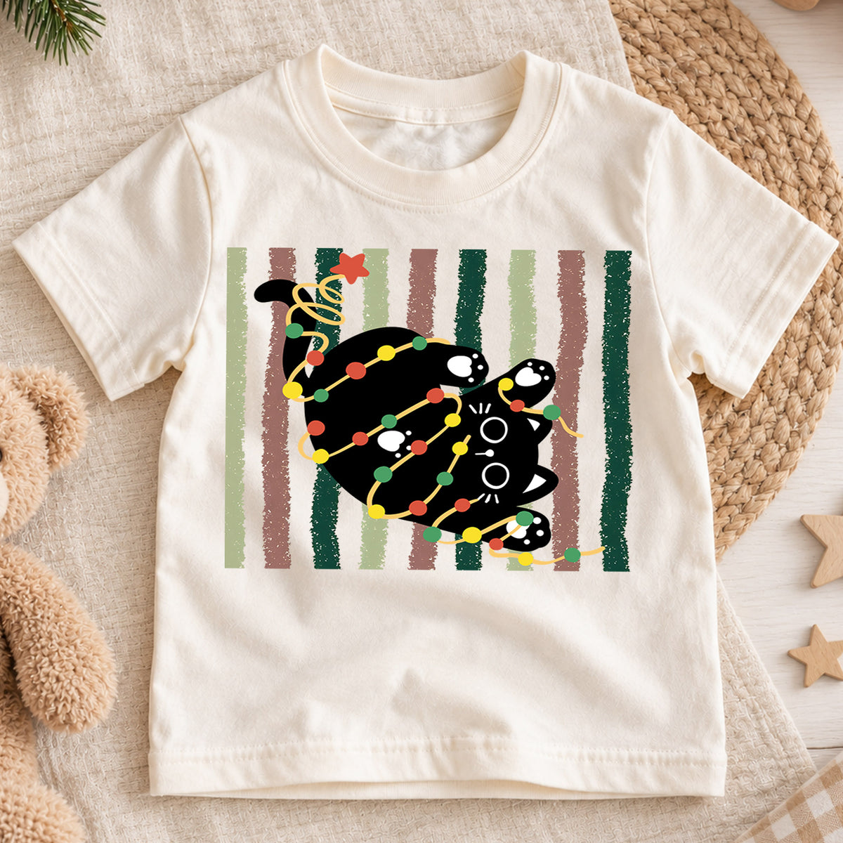 Retro Black Cat Christmas Kids Shirt, Holiday Lights Kitty Tee, Cute Festive Outfit, Christmas Gift for Kids Cute Xmas Gift for Kids — product view 1