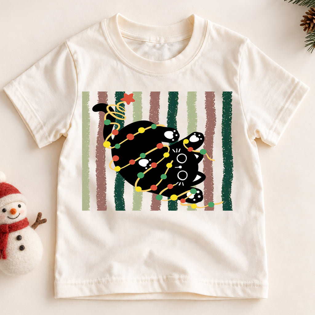 Retro Black Cat Christmas Kids Shirt, Holiday Lights Kitty Tee, Cute Festive Outfit, Christmas Gift for Kids Cute Xmas Gift for Kids — product view 2