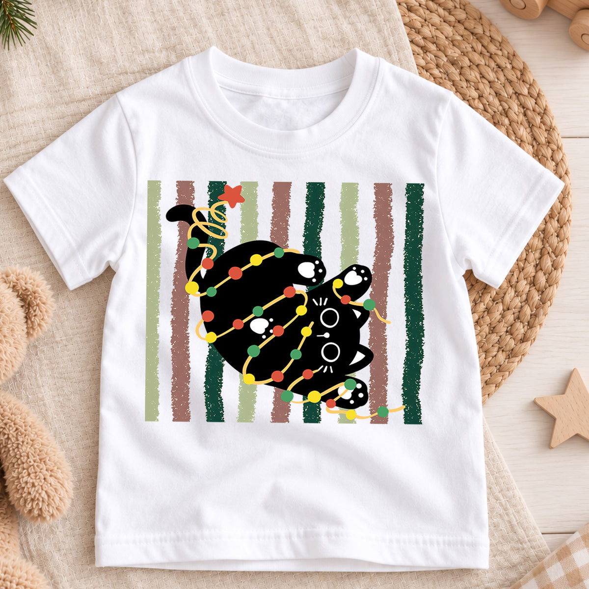 Retro Black Cat Christmas Kids Shirt, Holiday Lights Kitty Tee, Cute Festive Outfit, Christmas Gift for Kids Cute Xmas Gift for Kids — product view 3