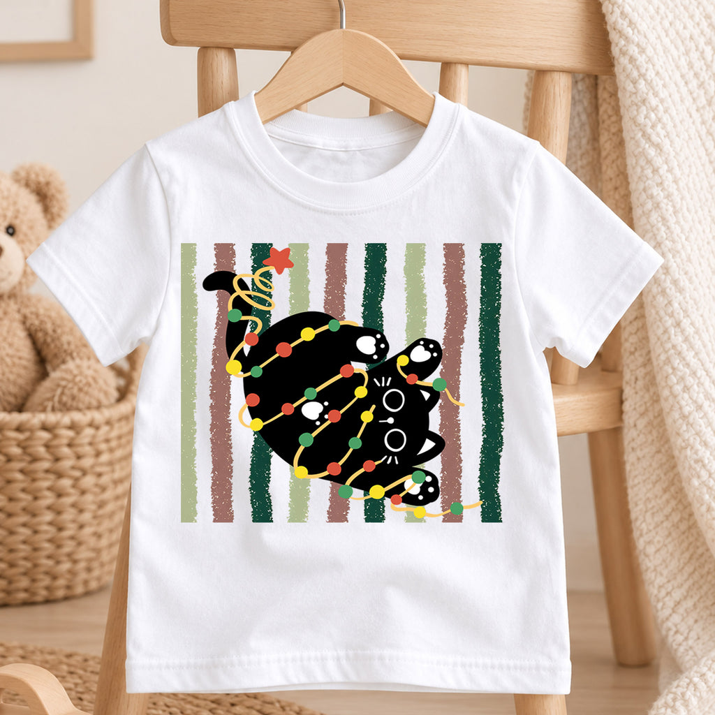 Retro Black Cat Christmas Kids Shirt, Holiday Lights Kitty Tee, Cute Festive Outfit, Christmas Gift for Kids Cute Xmas Gift for Kids — product view 4