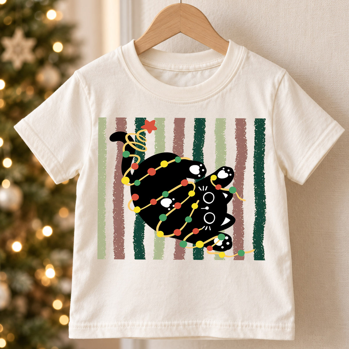 Retro Black Cat Christmas Kids Shirt, Holiday Lights Kitty Tee, Cute Festive Outfit, Christmas Gift for Kids Cute Xmas Gift for Kids — product view 5