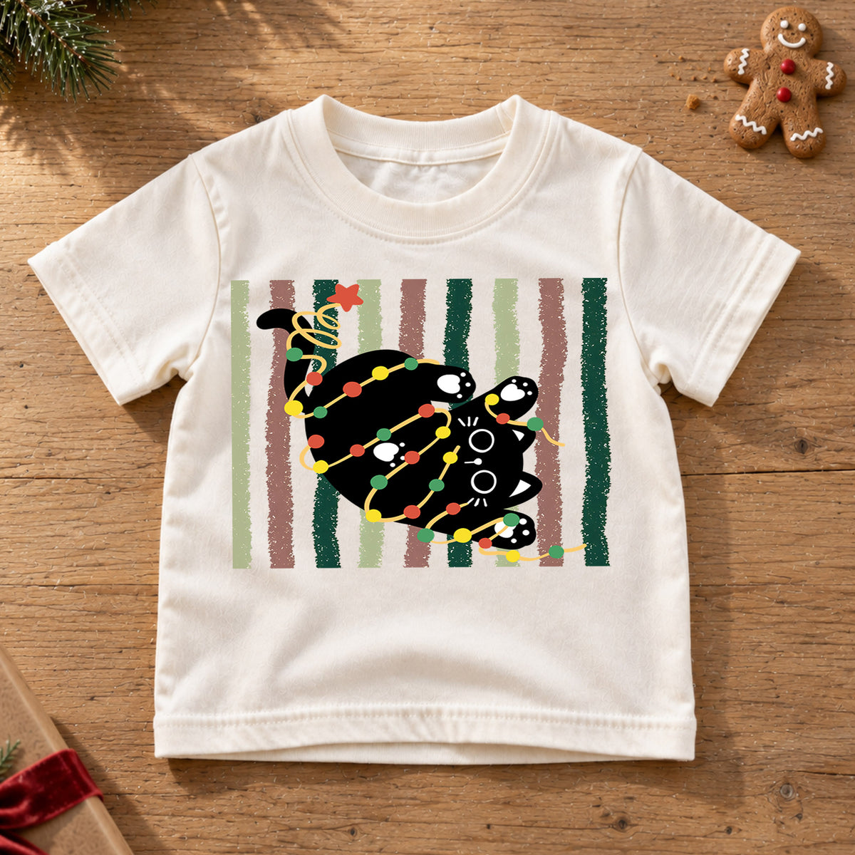 Retro Black Cat Christmas Kids Shirt, Holiday Lights Kitty Tee, Cute Festive Outfit, Christmas Gift for Kids Cute Xmas Gift for Kids — product view 6