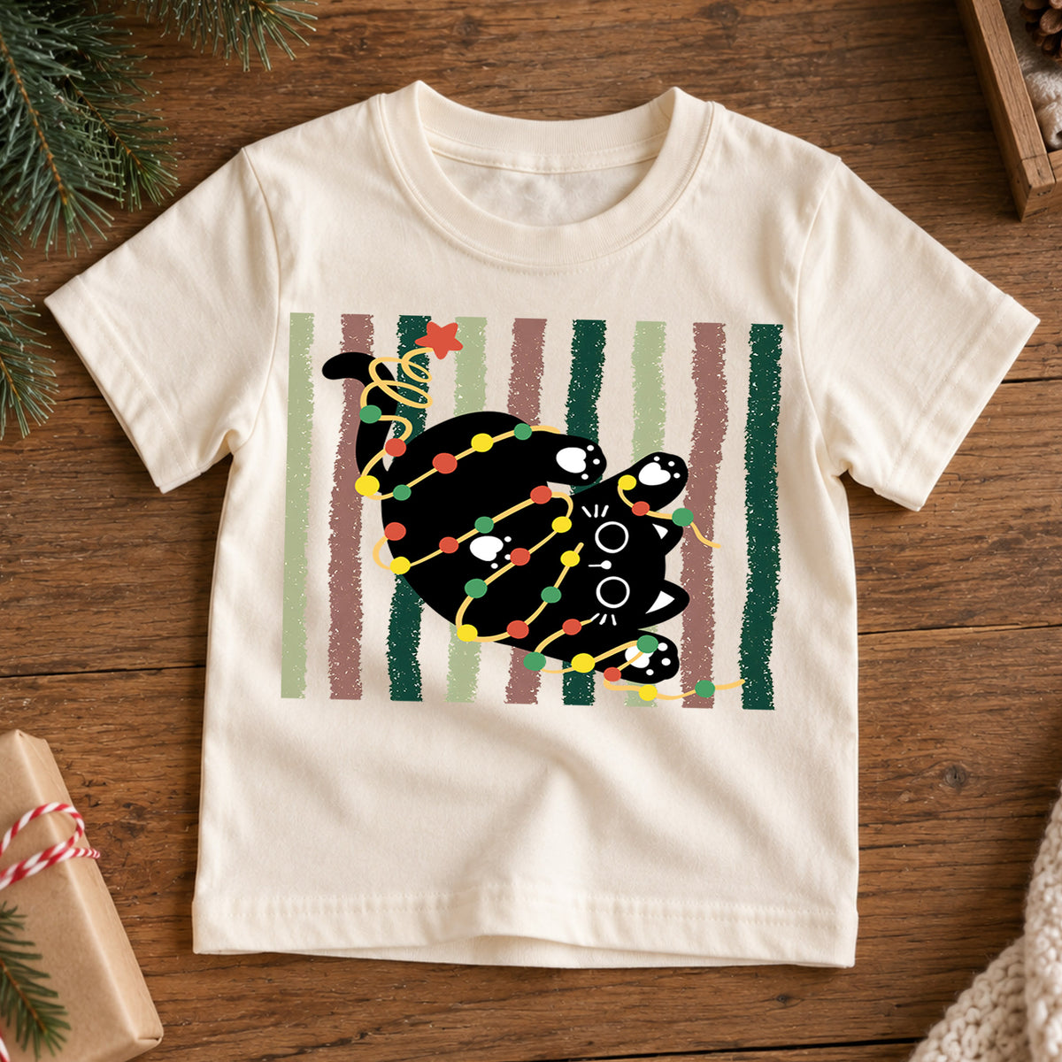 Retro Black Cat Christmas Kids Shirt, Holiday Lights Kitty Tee, Cute Festive Outfit, Christmas Gift for Kids Cute Xmas Gift for Kids — product view 7