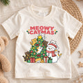 Meowy Catmas Kids Christmas Shirt, Cute Tree and Snowman Cat Tee, Festive Holiday Outfit, Christmas Gift for Kids Holiday Gift Idea — product view 1