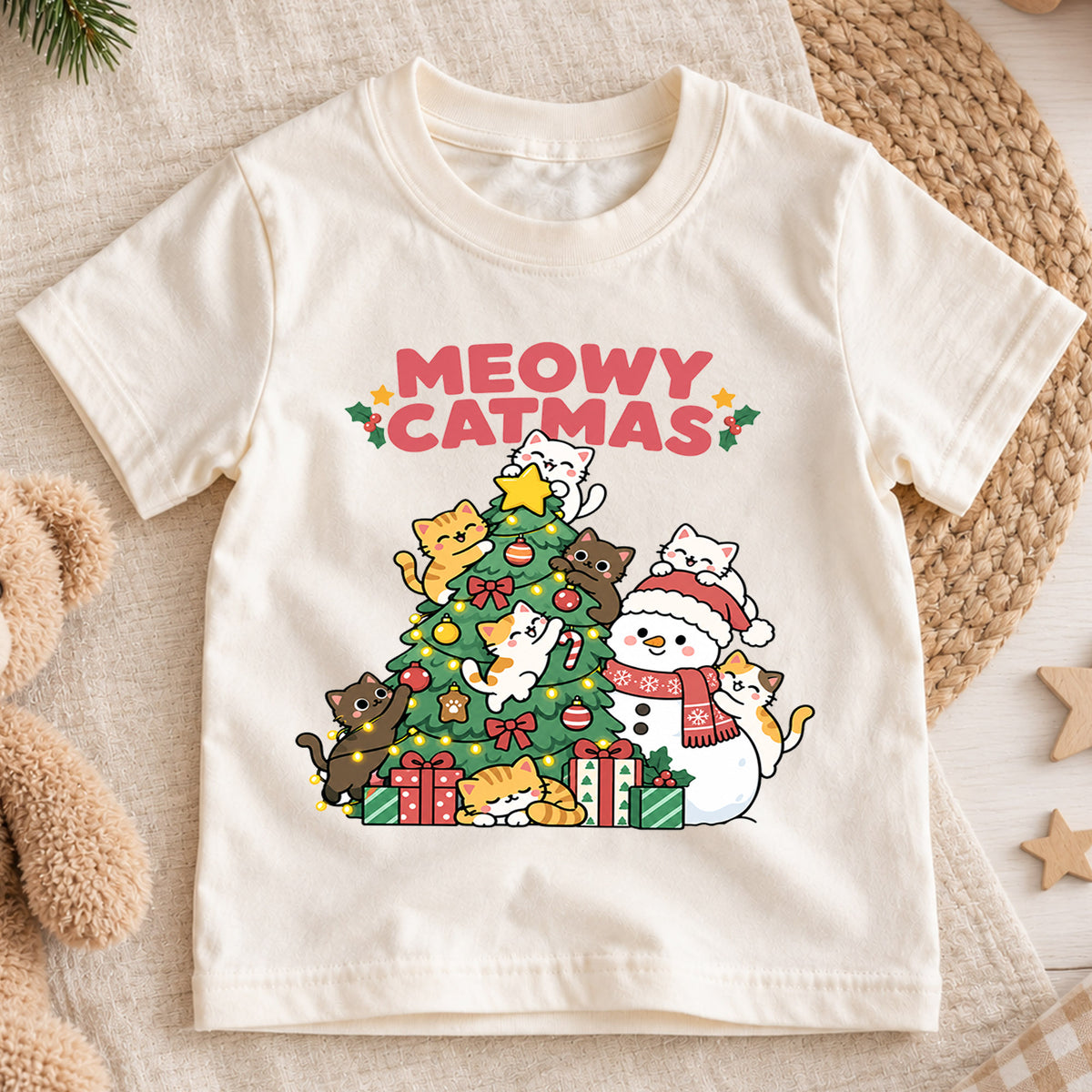 Meowy Catmas Kids Christmas Shirt, Cute Tree and Snowman Cat Tee, Festive Holiday Outfit, Christmas Gift for Kids Holiday Gift Idea — product view 1