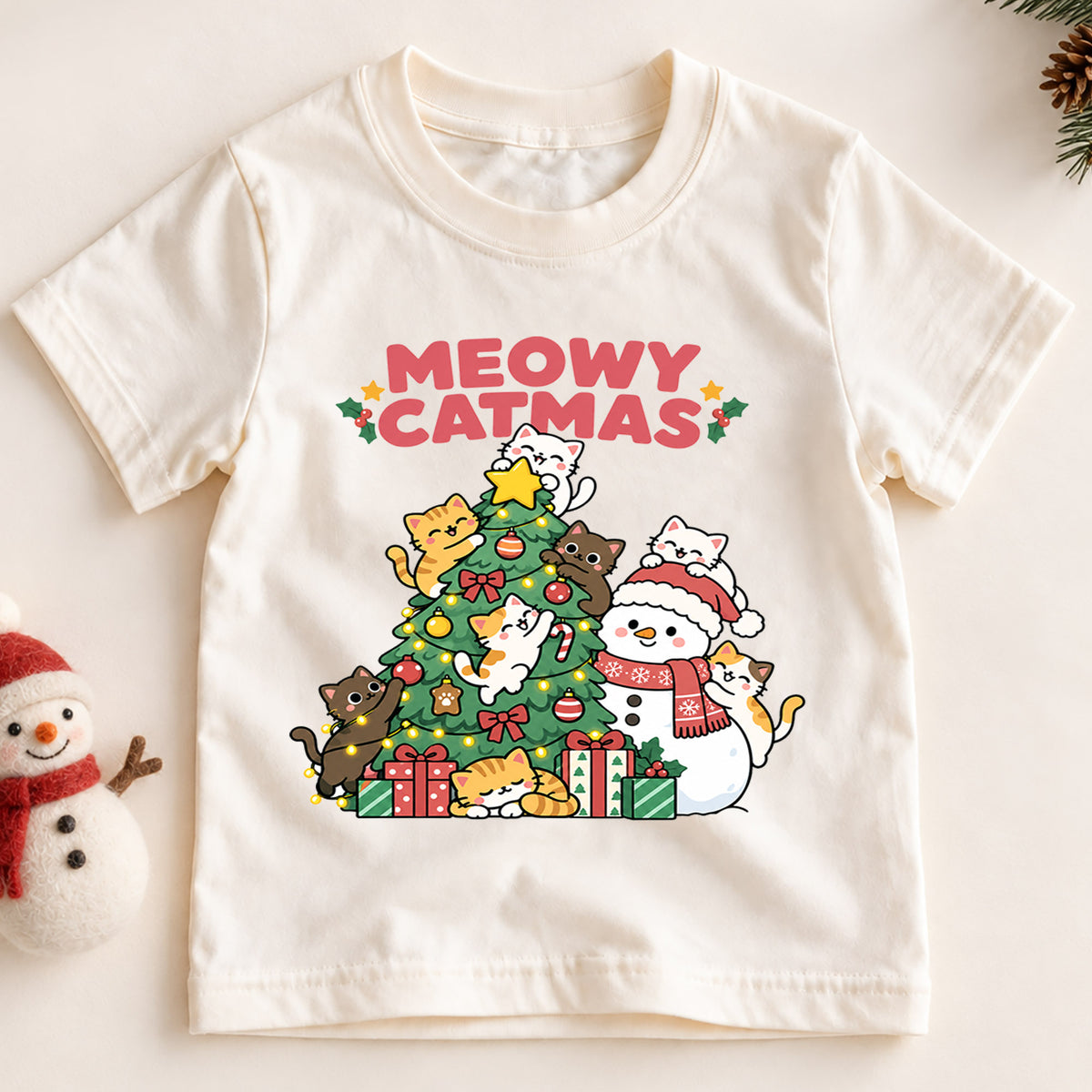 Meowy Catmas Kids Christmas Shirt, Cute Tree and Snowman Cat Tee, Festive Holiday Outfit, Christmas Gift for Kids Holiday Gift Idea — product view 2