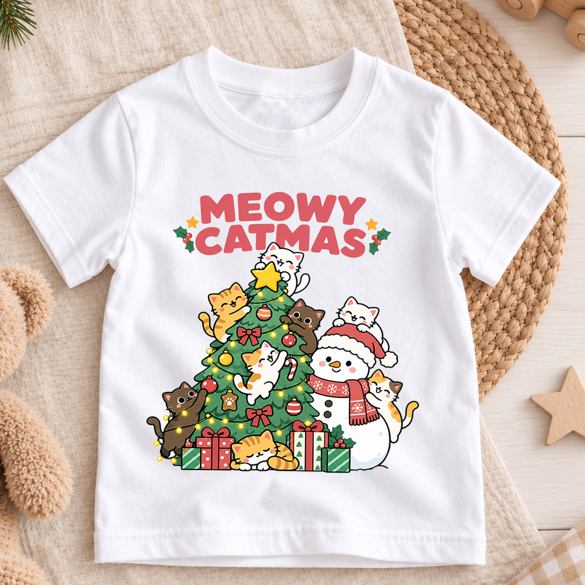 Meowy Catmas Kids Christmas Shirt, Cute Tree and Snowman Cat Tee, Festive Holiday Outfit, Christmas Gift for Kids Holiday Gift Idea — product view 3