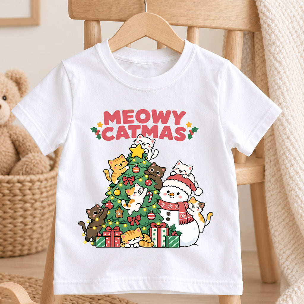 Meowy Catmas Kids Christmas Shirt, Cute Tree and Snowman Cat Tee, Festive Holiday Outfit, Christmas Gift for Kids Holiday Gift Idea — product view 4