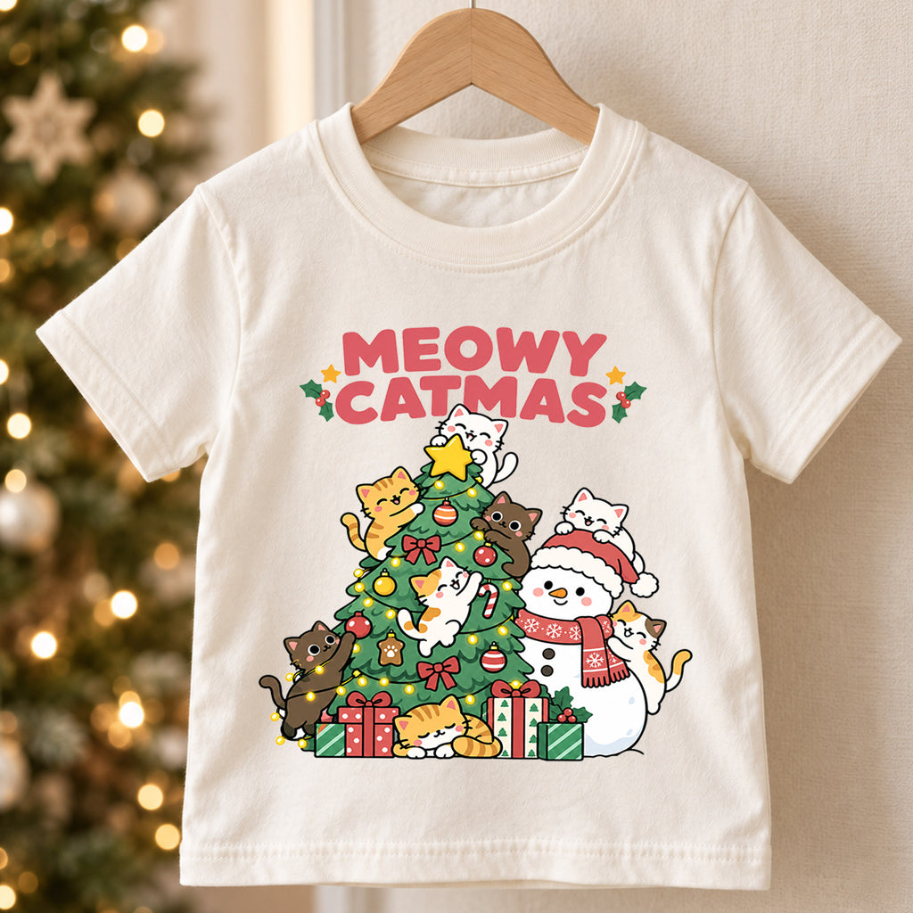 Meowy Catmas Kids Christmas Shirt, Cute Tree and Snowman Cat Tee, Festive Holiday Outfit, Christmas Gift for Kids Holiday Gift Idea — product view 5