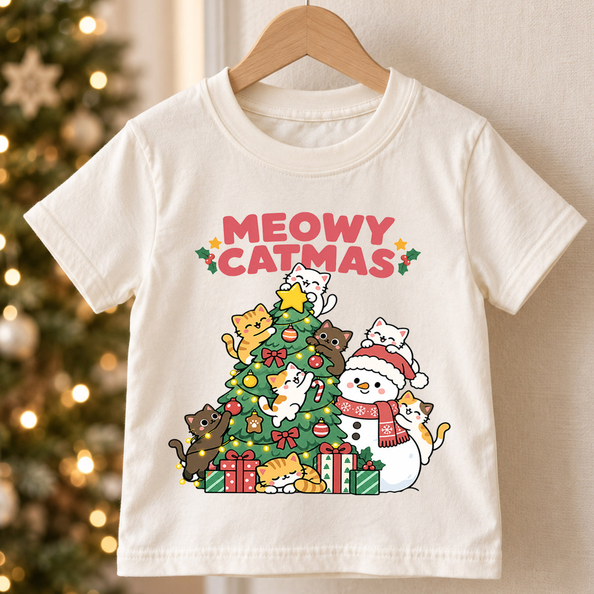 Meowy Catmas Kids Christmas Shirt, Cute Tree and Snowman Cat Tee, Festive Holiday Outfit, Christmas Gift for Kids Holiday Gift Idea — product view 5