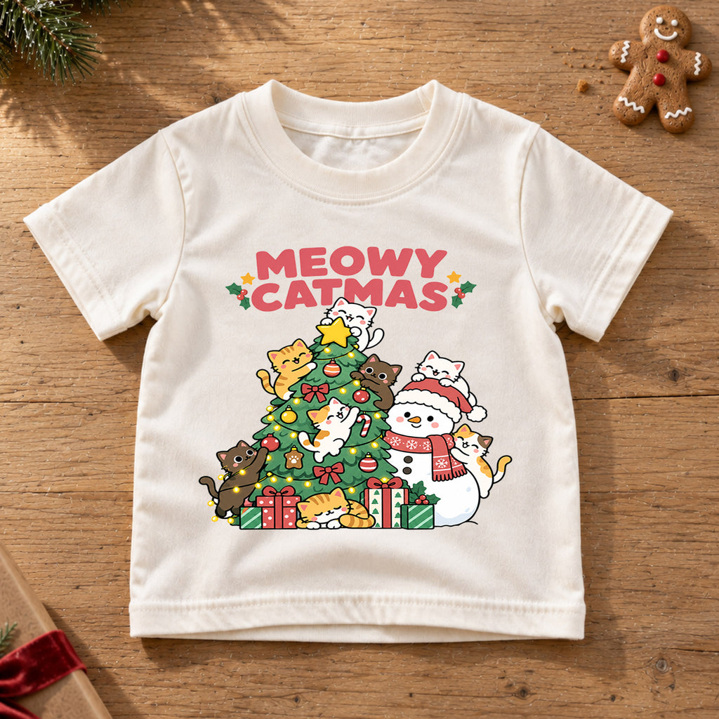 Meowy Catmas Kids Christmas Shirt, Cute Tree and Snowman Cat Tee, Festive Holiday Outfit, Christmas Gift for Kids Holiday Gift Idea — product view 6