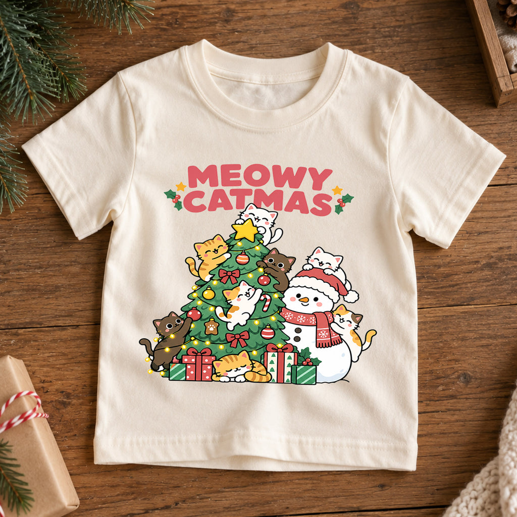 Meowy Catmas Kids Christmas Shirt, Cute Tree and Snowman Cat Tee, Festive Holiday Outfit, Christmas Gift for Kids Holiday Gift Idea — product view 7
