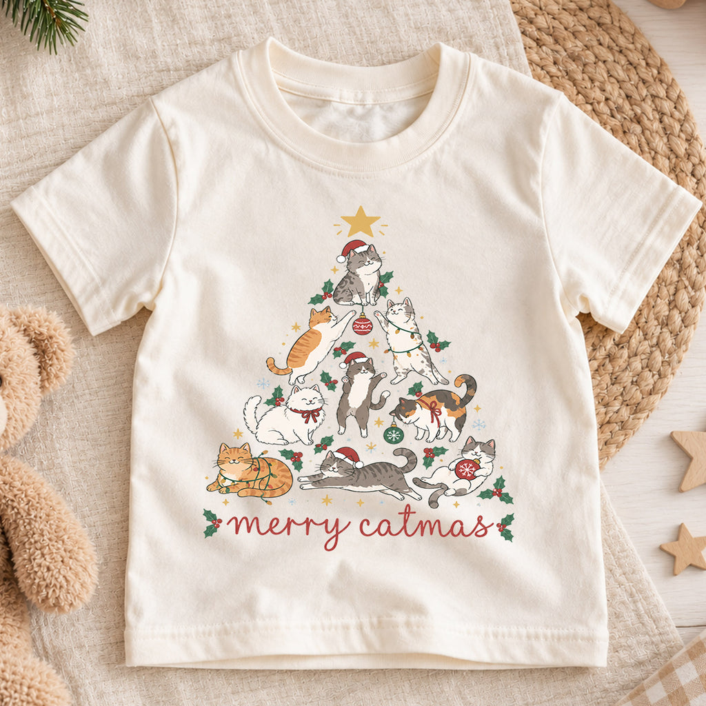Merry Catmas Kids Shirt, Cute Christmas Cat Tree Tee, Festive Holiday Outfit, Christmas Gift for Cat Lovers Festive Xmas Gift Idea — product view 1