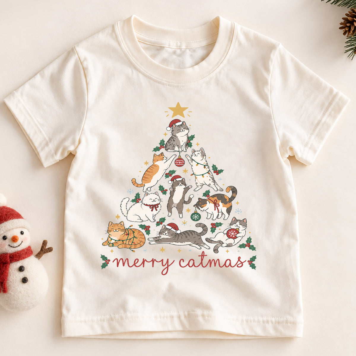 Merry Catmas Kids Shirt, Cute Christmas Cat Tree Tee, Festive Holiday Outfit, Christmas Gift for Cat Lovers Festive Xmas Gift Idea — product view 2