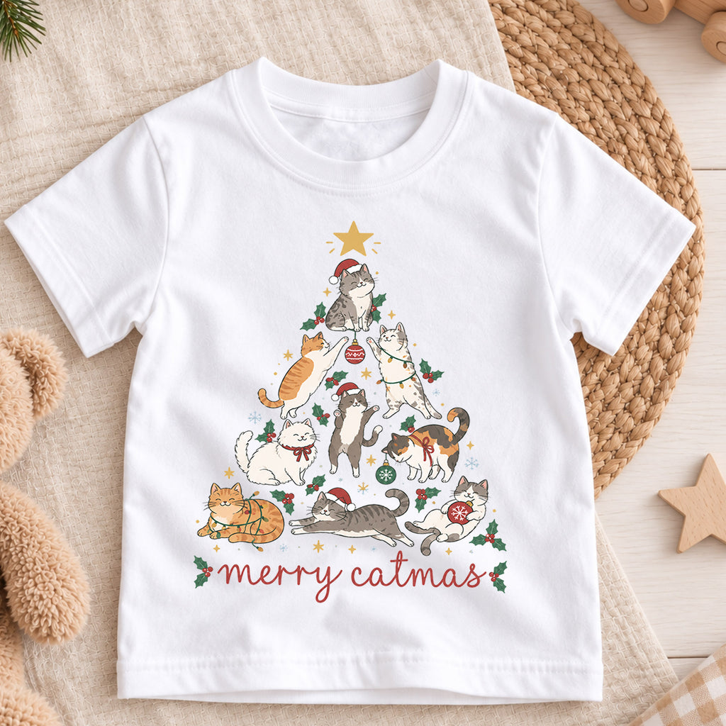 Merry Catmas Kids Shirt, Cute Christmas Cat Tree Tee, Festive Holiday Outfit, Christmas Gift for Cat Lovers Festive Xmas Gift Idea — product view 3
