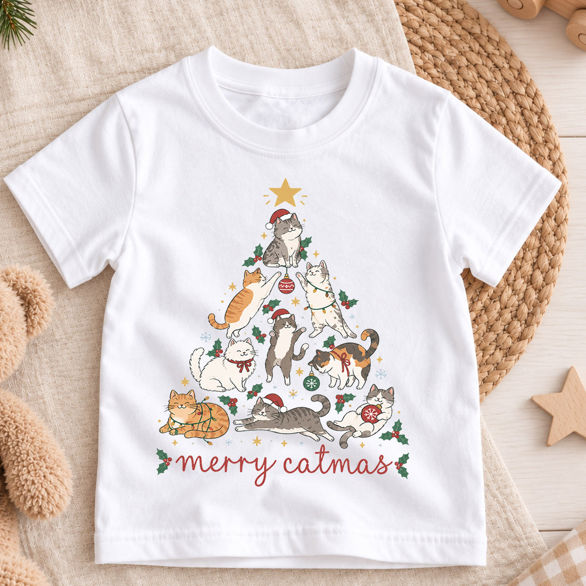 Merry Catmas Kids Shirt, Cute Christmas Cat Tree Tee, Festive Holiday Outfit, Christmas Gift for Cat Lovers Festive Xmas Gift Idea — product view 3