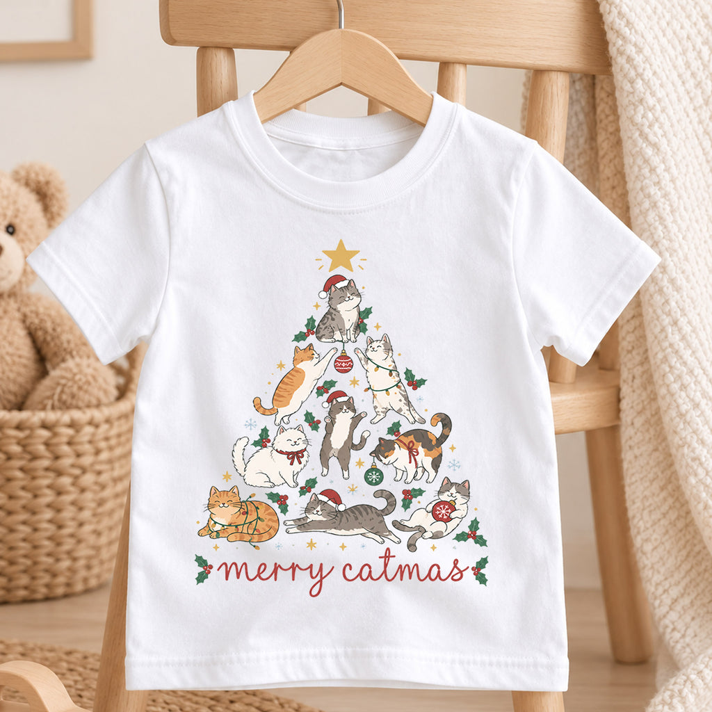 Merry Catmas Kids Shirt, Cute Christmas Cat Tree Tee, Festive Holiday Outfit, Christmas Gift for Cat Lovers Festive Xmas Gift Idea — product view 4