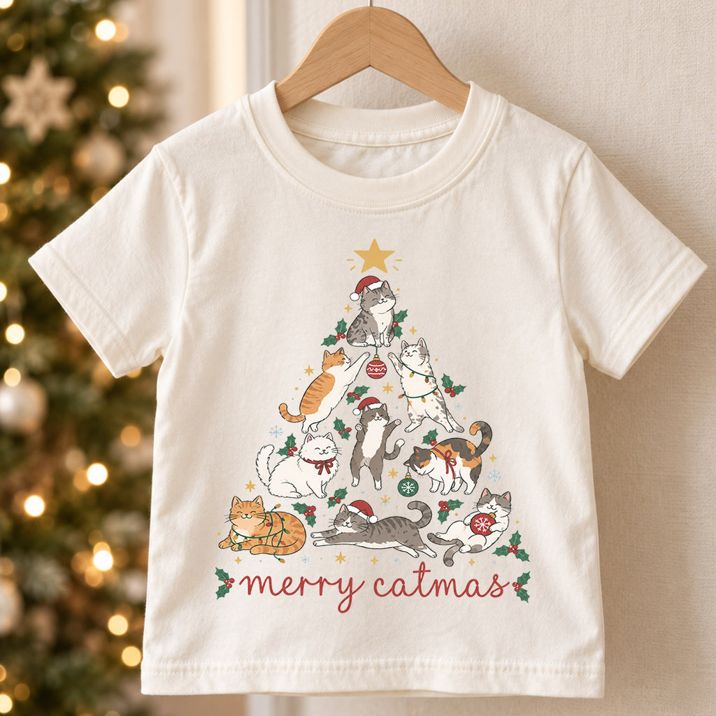 Merry Catmas Kids Shirt, Cute Christmas Cat Tree Tee, Festive Holiday Outfit, Christmas Gift for Cat Lovers Festive Xmas Gift Idea — product view 5