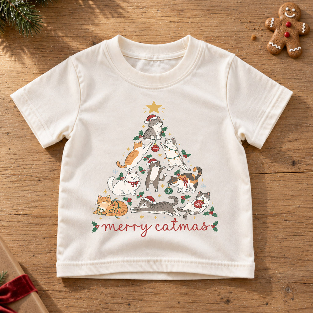 Merry Catmas Kids Shirt, Cute Christmas Cat Tree Tee, Festive Holiday Outfit, Christmas Gift for Cat Lovers Festive Xmas Gift Idea — product view 6