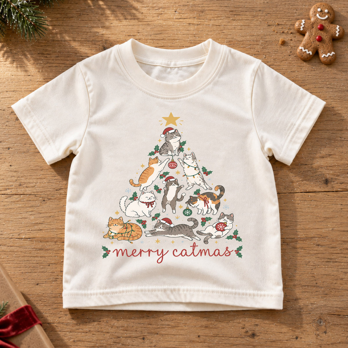 Merry Catmas Kids Shirt, Cute Christmas Cat Tree Tee, Festive Holiday Outfit, Christmas Gift for Cat Lovers Festive Xmas Gift Idea — product view 6
