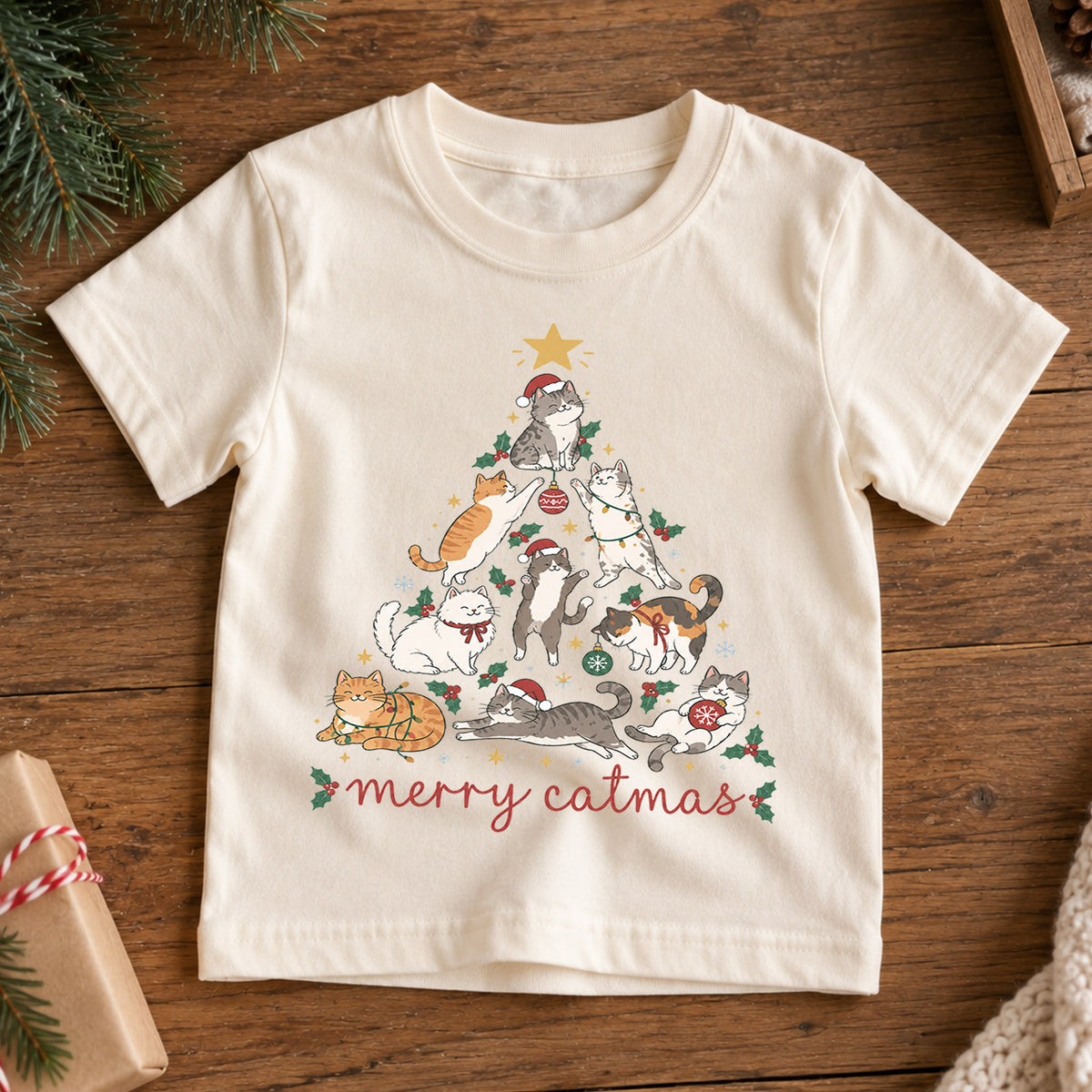 Merry Catmas Kids Shirt, Cute Christmas Cat Tree Tee, Festive Holiday Outfit, Christmas Gift for Cat Lovers Festive Xmas Gift Idea — product view 7