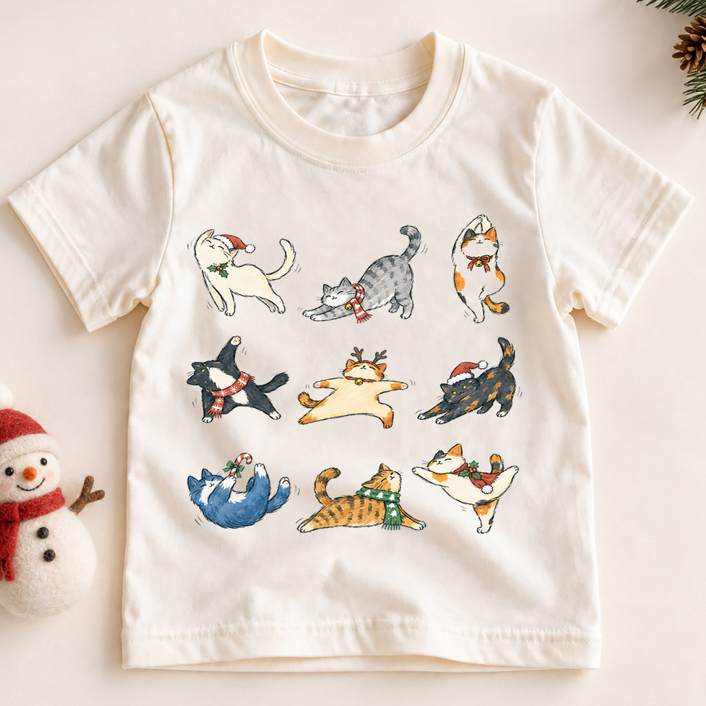 Christmas Cats Kids Shirt, Cute Holiday Kitty Character Tee, Festive Christmas Outfit, Holiday Gift for Kids Cute Christmas Gift Idea — product view 2