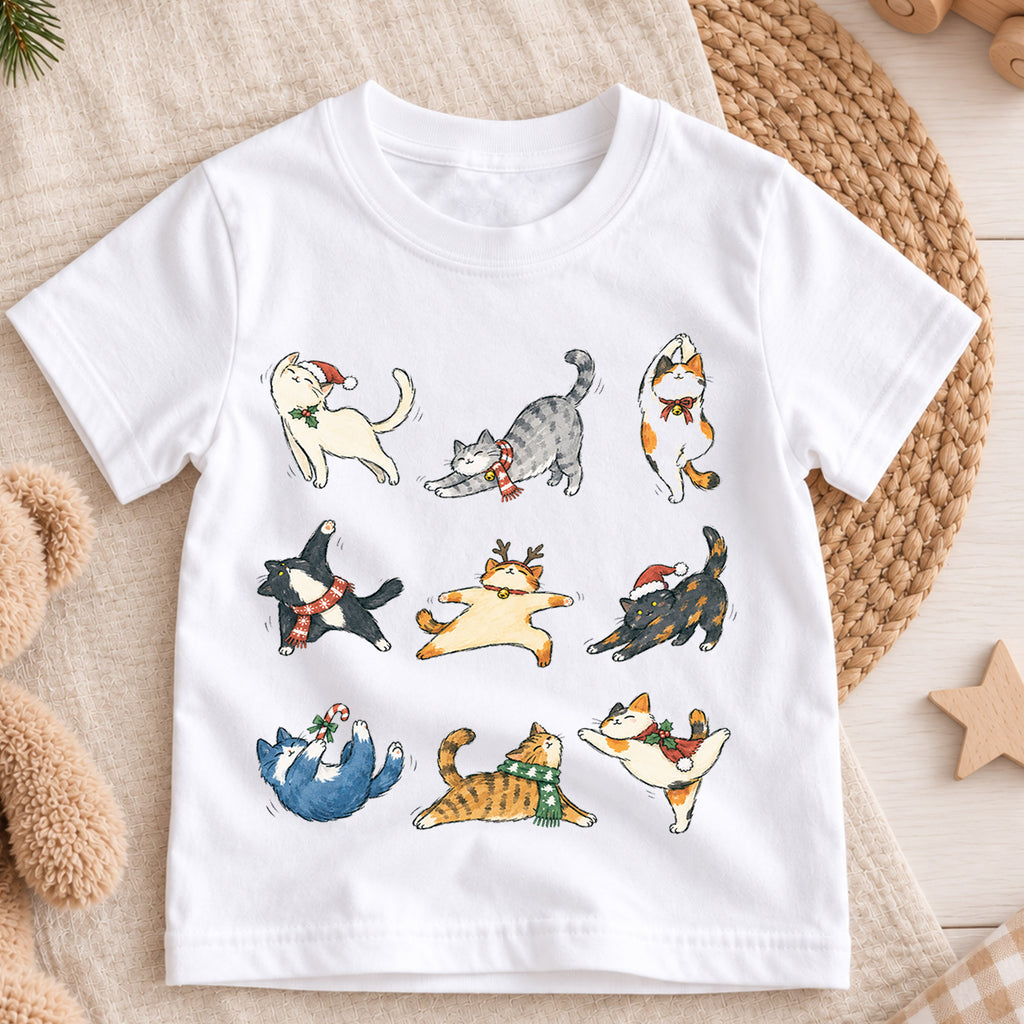 Christmas Cats Kids Shirt, Cute Holiday Kitty Character Tee, Festive Christmas Outfit, Holiday Gift for Kids Cute Christmas Gift Idea — product view 3