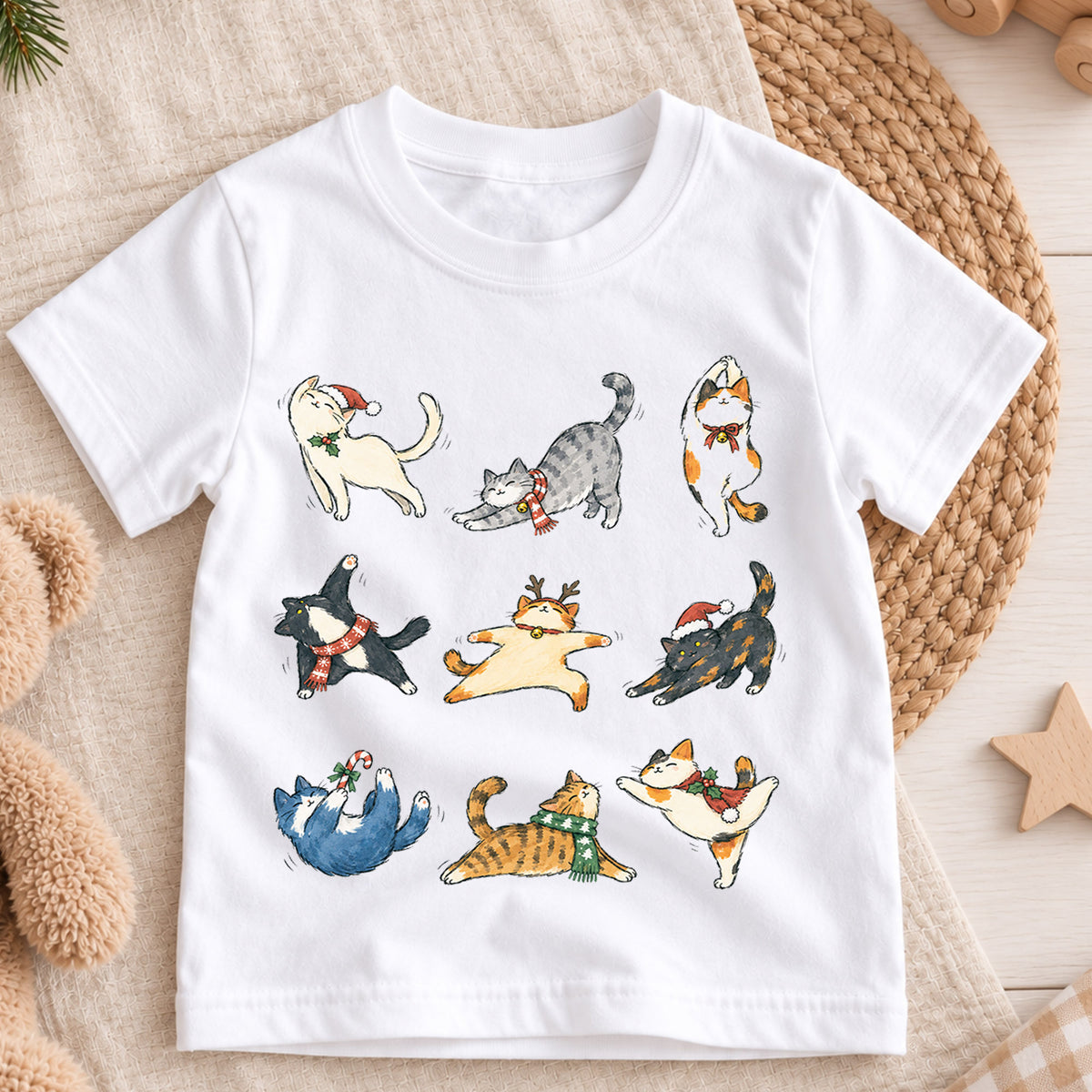 Christmas Cats Kids Shirt, Cute Holiday Kitty Character Tee, Festive Christmas Outfit, Holiday Gift for Kids Cute Christmas Gift Idea — product view 3