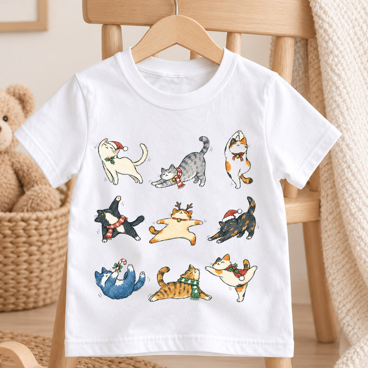 Christmas Cats Kids Shirt, Cute Holiday Kitty Character Tee, Festive Christmas Outfit, Holiday Gift for Kids Cute Christmas Gift Idea — product view 4
