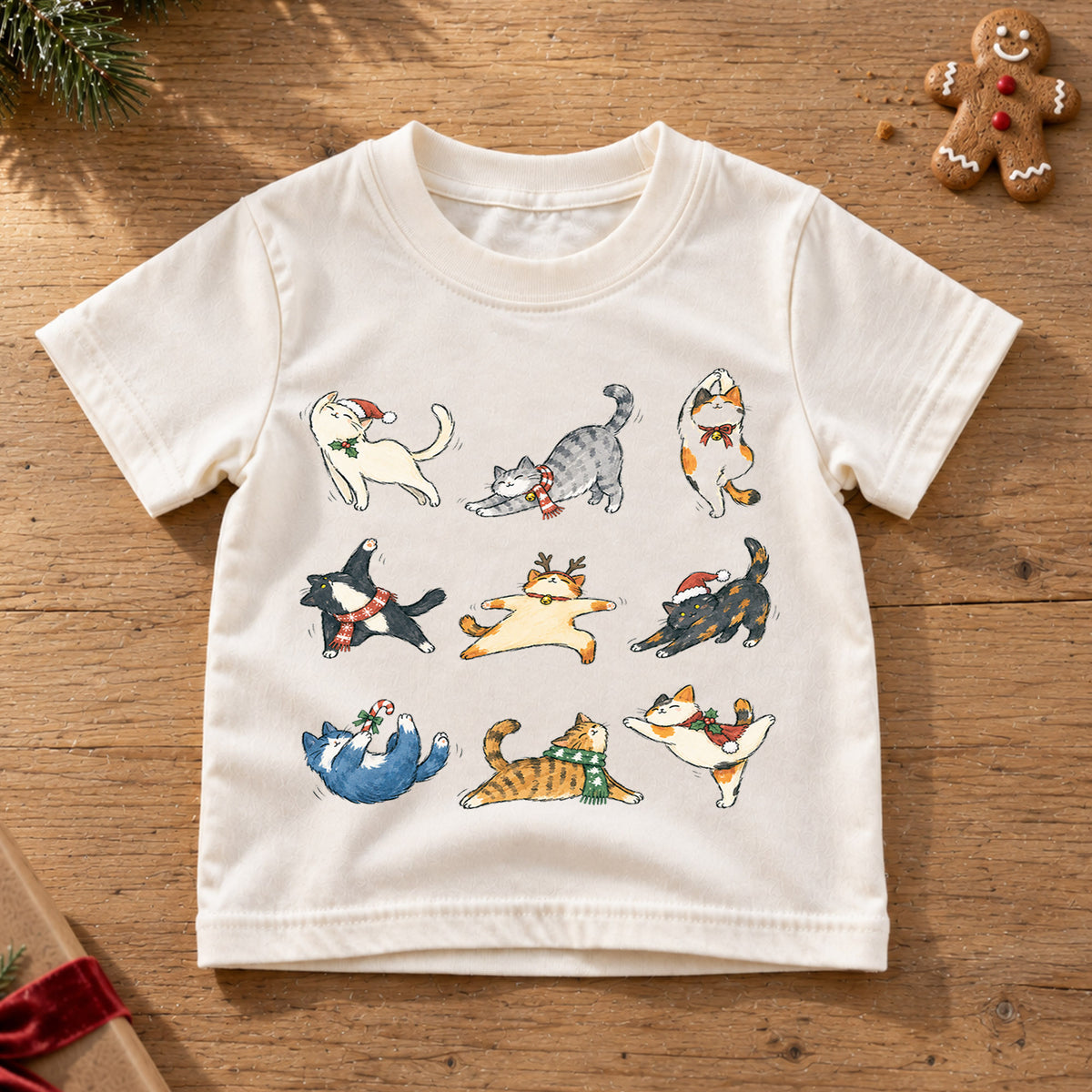 Christmas Cats Kids Shirt, Cute Holiday Kitty Character Tee, Festive Christmas Outfit, Holiday Gift for Kids Cute Christmas Gift Idea — product view 6