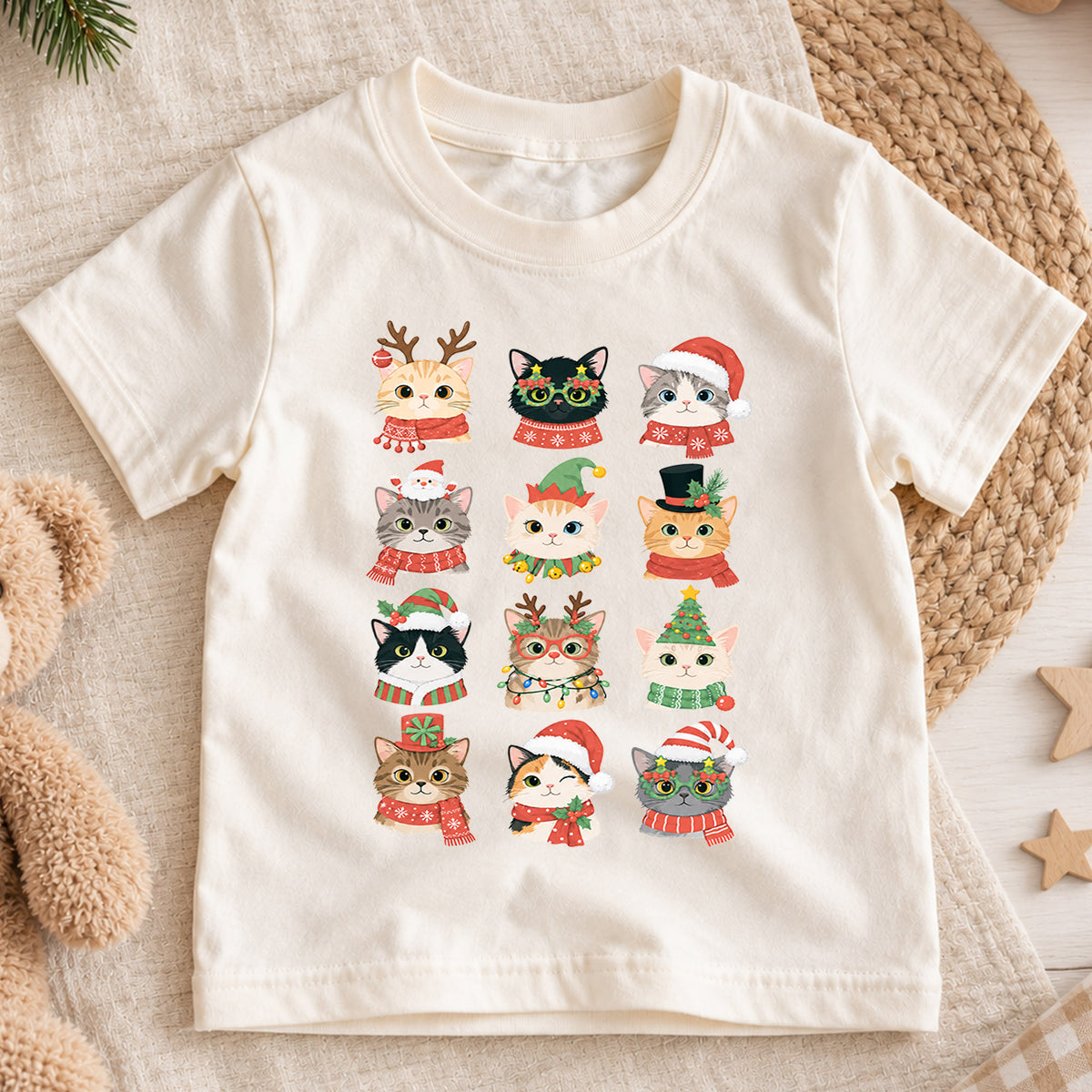 Cute Christmas Cats Kids Shirt, Santa Hat Kitty Holiday Tee, Festive Holiday Outfit, Christmas Gift for Cat Lovers Cute Holiday Gift Idea — product view 1