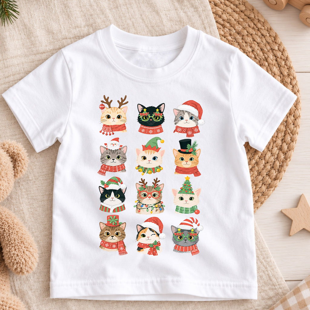 Cute Christmas Cats Kids Shirt, Santa Hat Kitty Holiday Tee, Festive Holiday Outfit, Christmas Gift for Cat Lovers Cute Holiday Gift Idea — product view 3