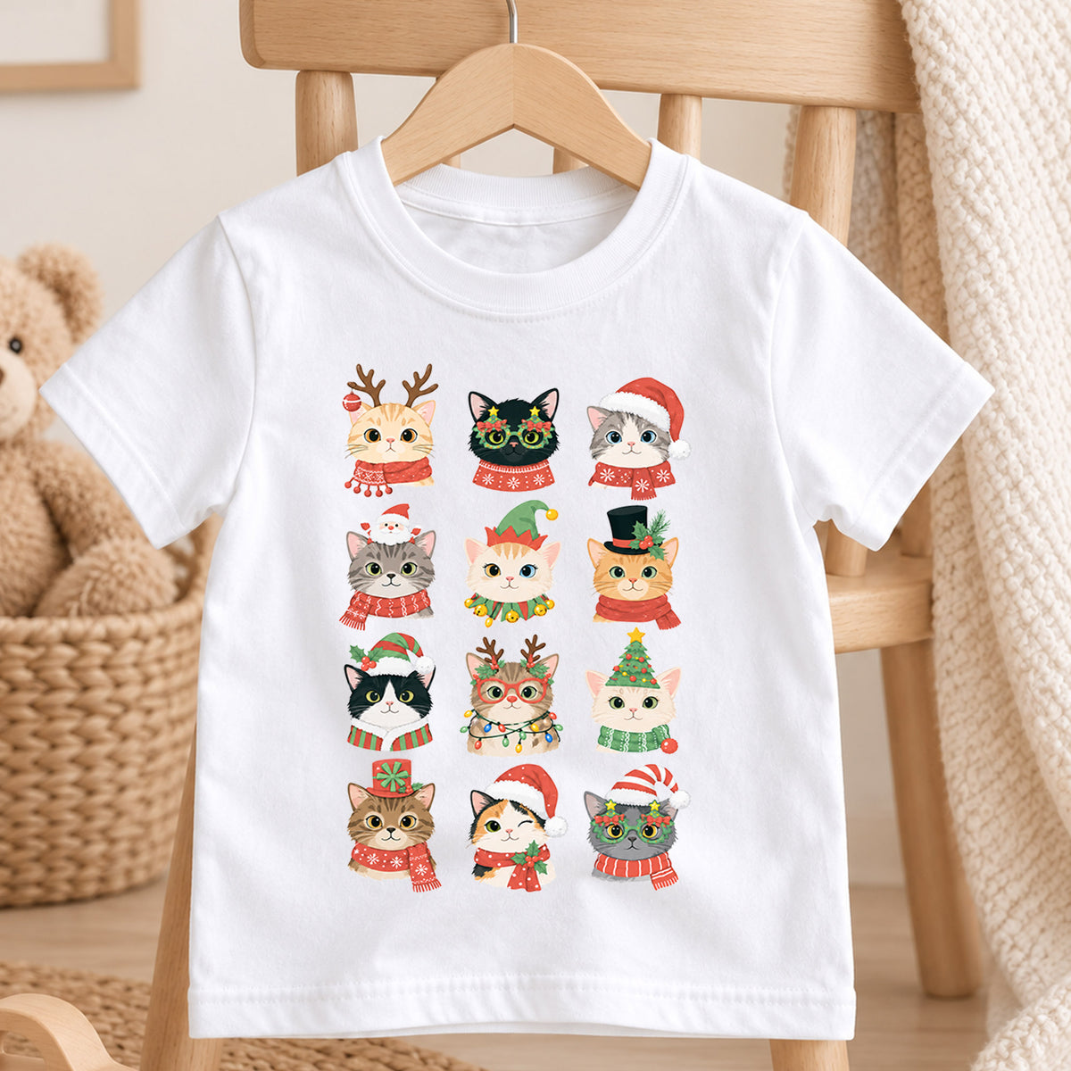 Cute Christmas Cats Kids Shirt, Santa Hat Kitty Holiday Tee, Festive Holiday Outfit, Christmas Gift for Cat Lovers Cute Holiday Gift Idea — product view 4