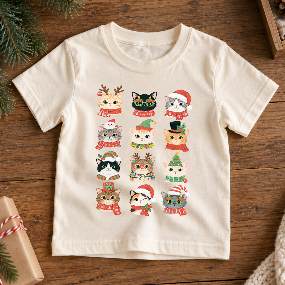 Cute Christmas Cats Kids Shirt, Santa Hat Kitty Holiday Tee, Festive Holiday Outfit, Christmas Gift for Cat Lovers Cute Holiday Gift Idea — product view 7